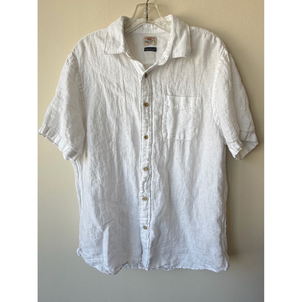 Faherty Palma Linen White Short Sleeve Button Down Shirt Men's Size‎ Large